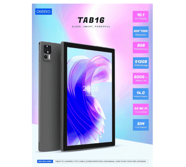 TAB 16 tablet/10.1 Inch IPS LCD/Octa Core 2.0GHz/Android 14/4G Connectivity/6000 mah battery/12GB + 512 GB/8 Mp front + 13 Mp rear camera/keyboard/touch pen - Image 4