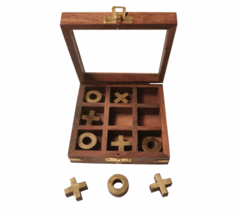 Handmade Wooden Tic-Tac-Toe Game With Brass Decorations In A Box With Glass Lid