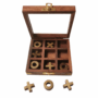 Handmade Wooden Tic-Tac-Toe Game With Brass Decorations In A Box With Glass Lid