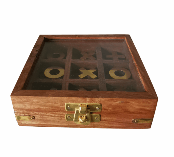 Handmade Wooden Tic-Tac-Toe Game With Brass Decorations In A Box With Glass Lid - Image 2