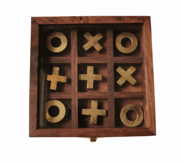 Handmade Wooden Tic-Tac-Toe Game With Brass Decorations In A Box With Glass Lid - Image 3