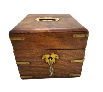 Vintage Wooden Money Box with Brass Hardware and Decorative Lock & Key Design – Secure and Stylish Coin and Cash Storage Box