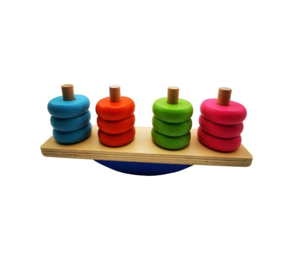 Wooden Balance Stacking Toy - 4 Colorful Ring Posts with Rocking Base | Fun Educational Learning Toy for Kids, Vibrant 4 Ring Posts & Rocking Base