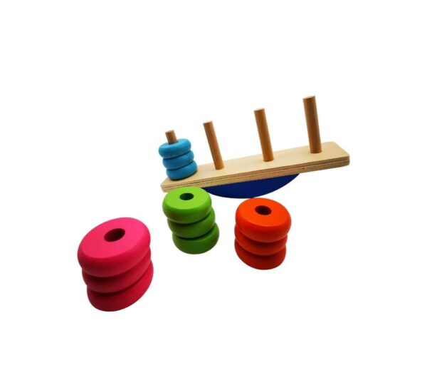 Wooden Balance Stacking Toy - 4 Colorful Ring Posts with Rocking Base | Fun Educational Learning Toy for Kids, Vibrant 4 Ring Posts & Rocking Base - Image 2