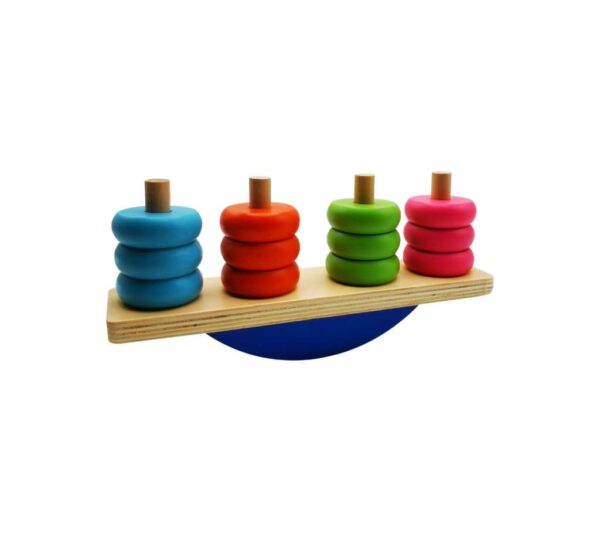 Wooden Balance Stacking Toy - 4 Colorful Ring Posts with Rocking Base | Fun Educational Learning Toy for Kids, Vibrant 4 Ring Posts & Rocking Base - Image 3