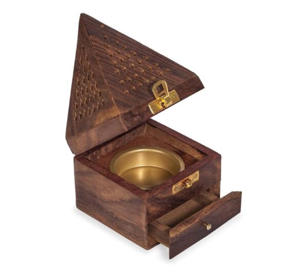 Premium Wooden Incense Burner Box with Durable Brass Bowl, Decorative Design, and Practical Drawer Storage for Aromatic Incense Cones - Image 2