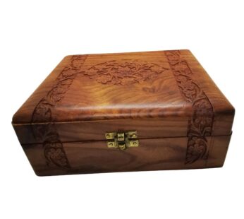 Artisan Wooden Jewellery Storage Box with Intricately Carved Floral Pattern, Secure Brass Latch, and Plush Red Velvet Interior – Elegant Organizer for Precious Keepsakes