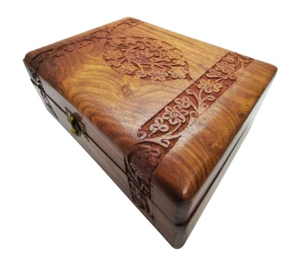 Artisan Wooden Jewellery Storage Box with Intricately Carved Floral Pattern, Secure Brass Latch, and Plush Red Velvet Interior – Elegant Organizer for Precious Keepsakes - Image 2
