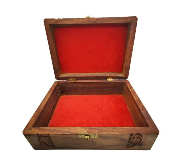 Artisan Wooden Jewellery Storage Box with Intricately Carved Floral Pattern, Secure Brass Latch, and Plush Red Velvet Interior – Elegant Organizer for Precious Keepsakes - Image 3