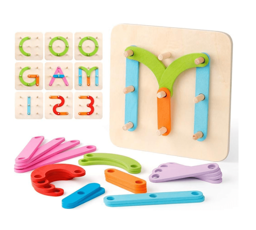 Wooden Letter Number Construction Puzzle Educational Stacking Blocks Toy Set Shape Color Sorter Pegboard Activity Board Sort Game for Kids Gift Preschool Learning STEM Toy