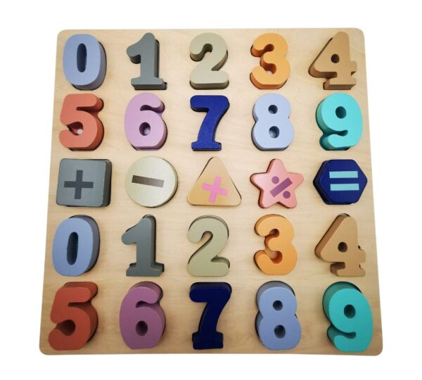 Wooden Number and Math Symbols Puzzle Board – Educational Learning Toy for Kids with Colourful Numbers 0-9 and Basic Arithmetic Symbols for Early Math Skills