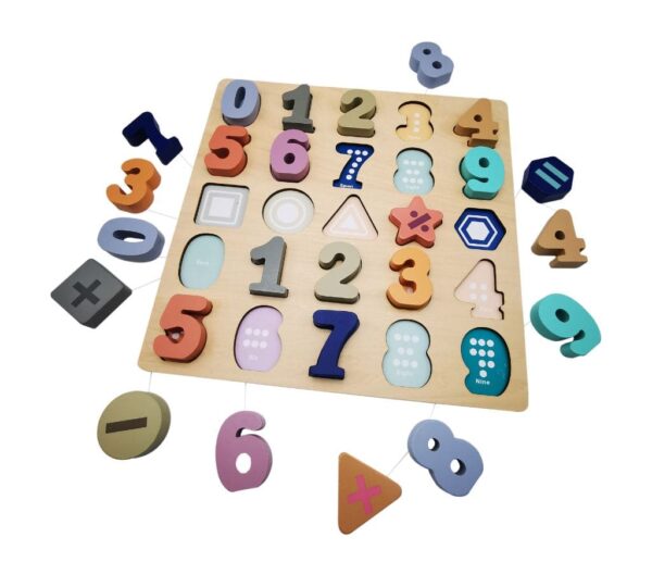 Wooden Number and Math Symbols Puzzle Board – Educational Learning Toy for Kids with Colourful Numbers 0-9 and Basic Arithmetic Symbols for Early Math Skills - Image 2