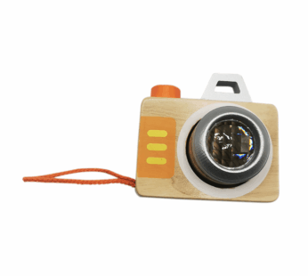 Wooden Toy Camera for Kids, Educational Pretend Play, with Kaleidoscope Lens and Cord, Natural Wood and Orange