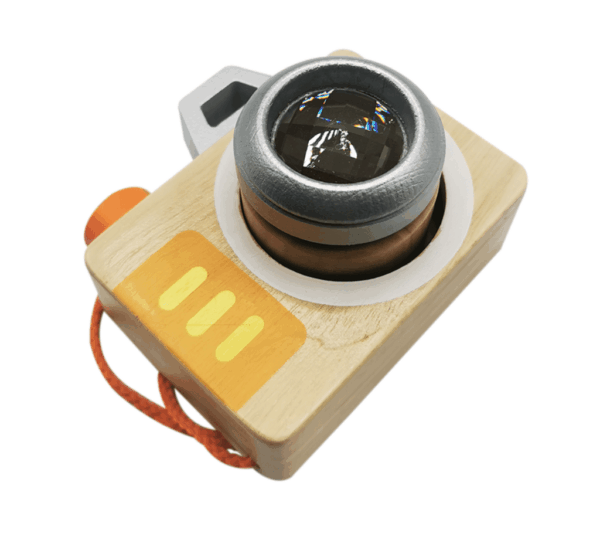 Wooden Toy Camera for Kids, Educational Pretend Play, with Kaleidoscope Lens and Cord, Natural Wood and Orange - Image 3