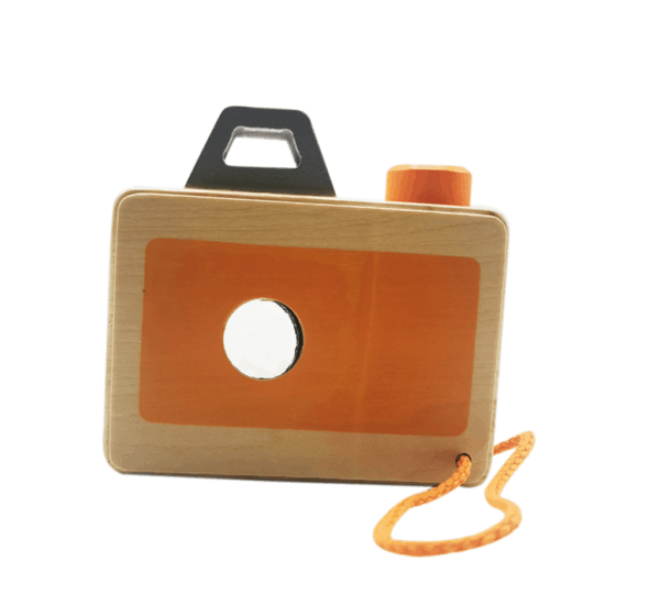 Wooden Toy Camera for Kids, Educational Pretend Play, with Kaleidoscope Lens and Cord, Natural Wood and Orange - Image 2