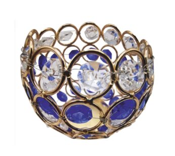 Crystal Tea Light Holder with Blue and Clear Gems | Gold-Tone Metal Frame | Spherical Design for Elegant Décor