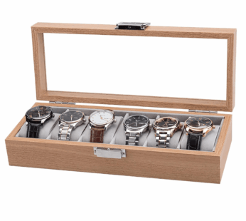 Elegant Wooden Watch Display Case – 6 Compartment Storage Box with Glass Lid, Soft Cushions & Secure Lock – Ideal for Men’s & Women’s Watch Collection