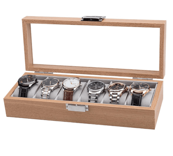 Elegant Wooden Watch Display Case – 6 Compartment Storage Box with Glass Lid, Soft Cushions & Secure Lock – Ideal for Men’s & Women’s Watch Collection